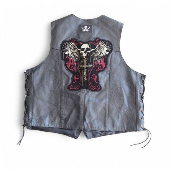 Jamin Leather Patch Pin Skull Cross Motorcycle Riding Vest Black Men's XXXL - Picture 2 of 13